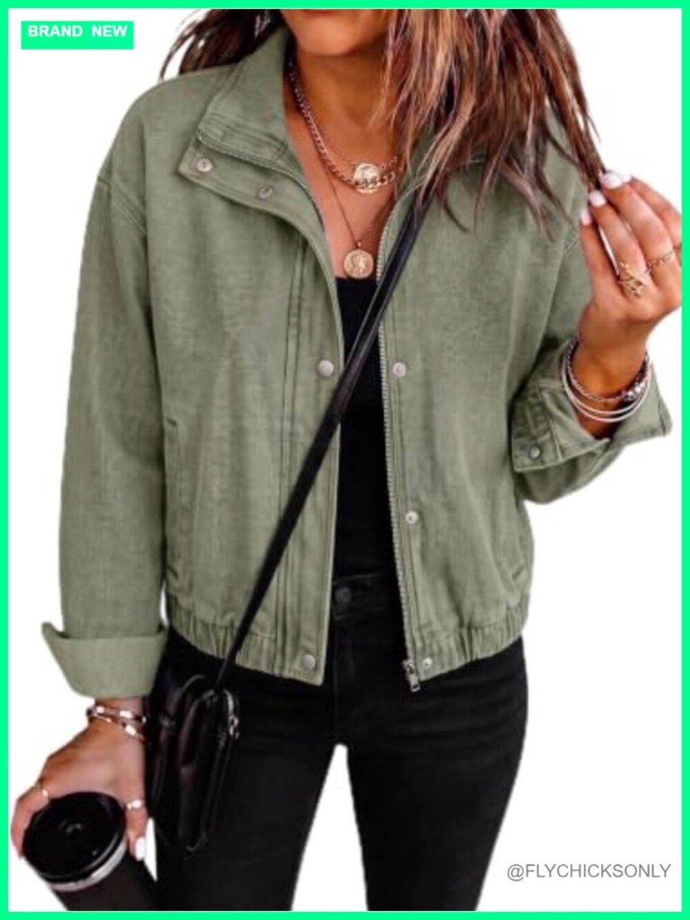 Cropped Oversized Denim Jacket Zip Up Bomber Stand Collar Snap Buttons